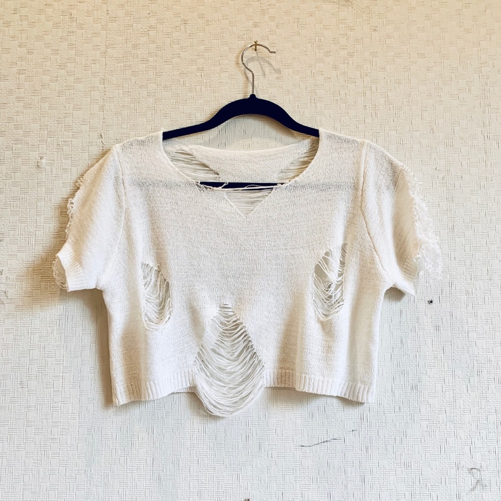 Distressed white crop tee